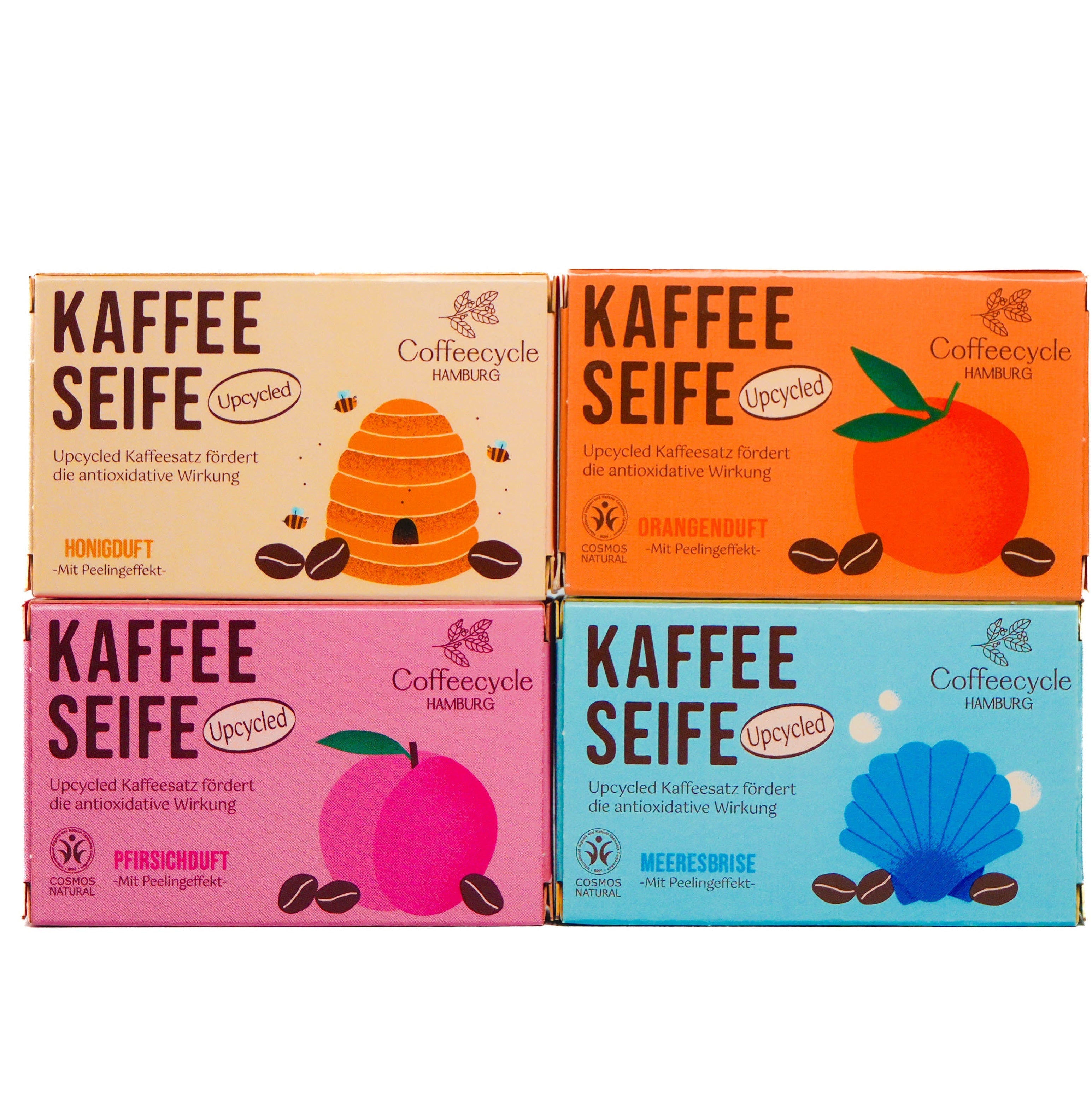 Die Vorteile von Kaffee-Seifen
Die Seifen von Coffeecycle werden mit upcyceltem Kaffeesatz aus verschiedenen Cafés hergestellt. Der enthaltene Kaffeesatz bietet wertvolle Vorteile für die Haut: Das natürliche Koffein fördert die Durchblutung, unterstützt die antioxidative Aktivität und hilft dabei, die Haut vor äußeren Einflüssen zu schützen. Gleichzeitig wirkt der Kaffeesatz als sanftes Peeling, das abgestorbene Hautzellen und Schmutz entfernt.